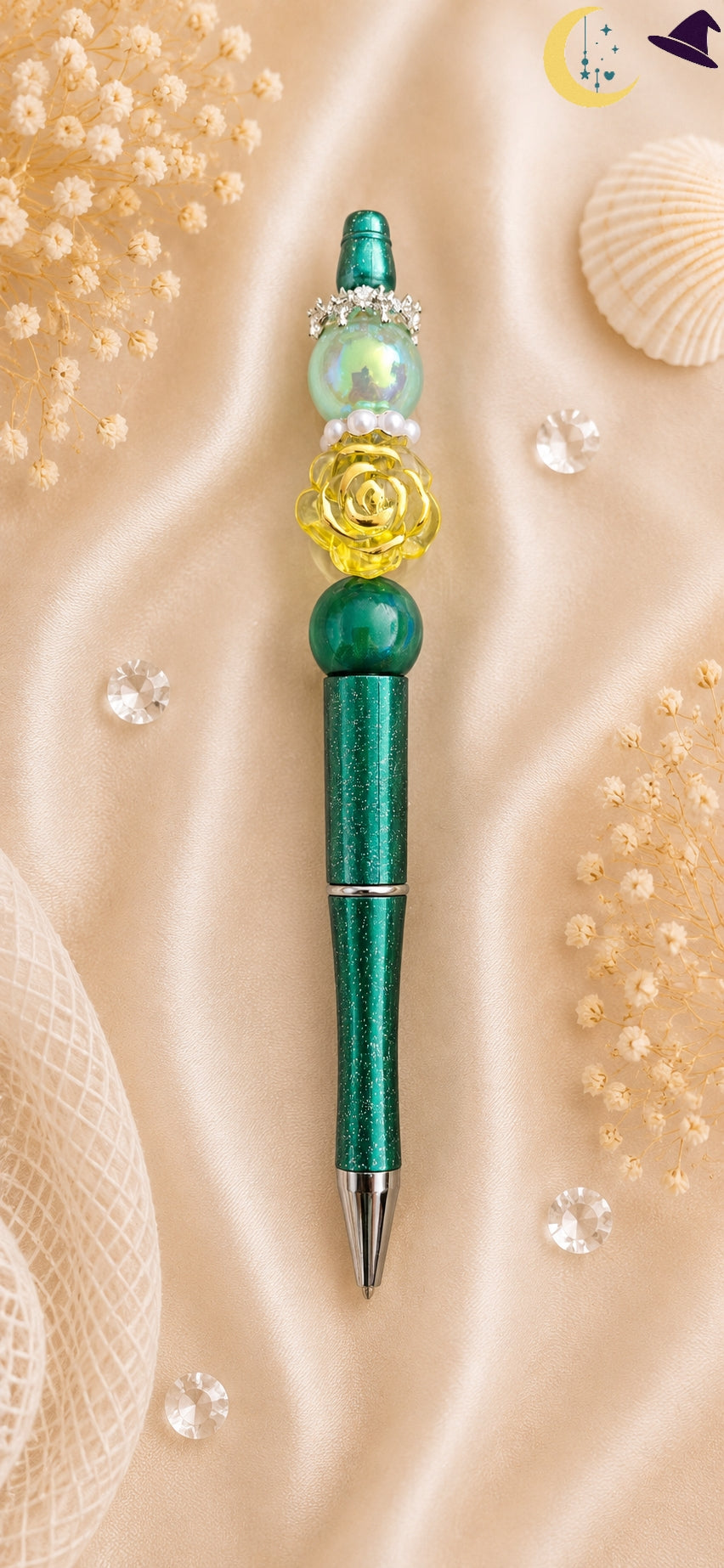 Stylo vert émeraude fleuri – élégance naturelle et éclat féeri