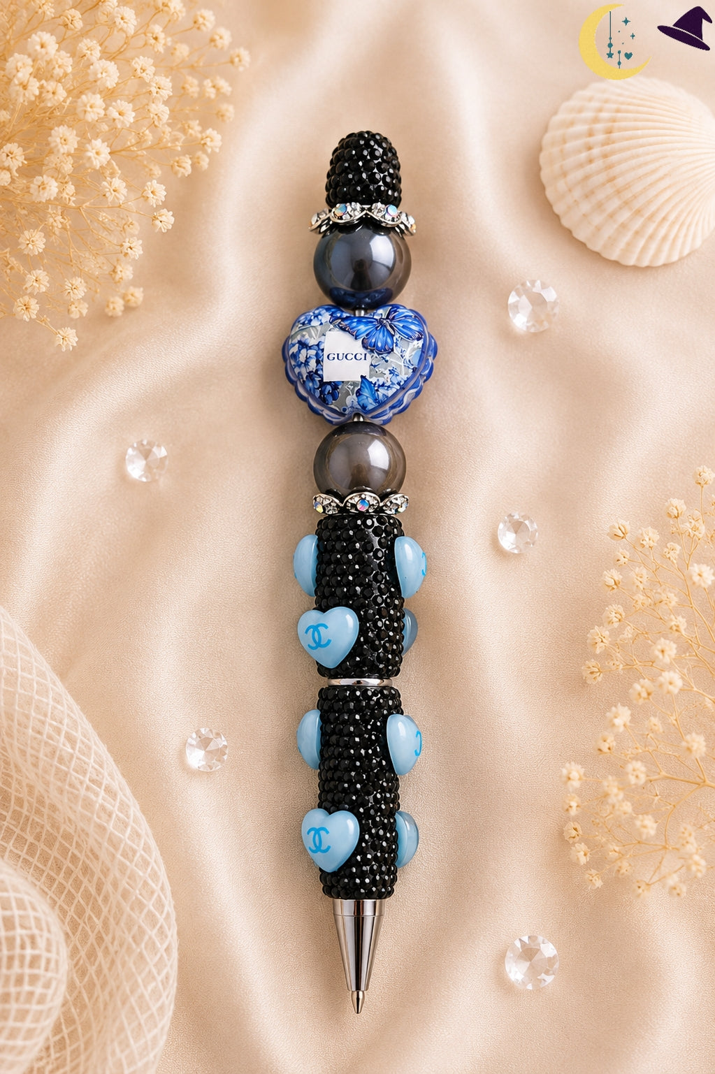 Stylo noir & bleu glamour – élégance chic et détails scintillants