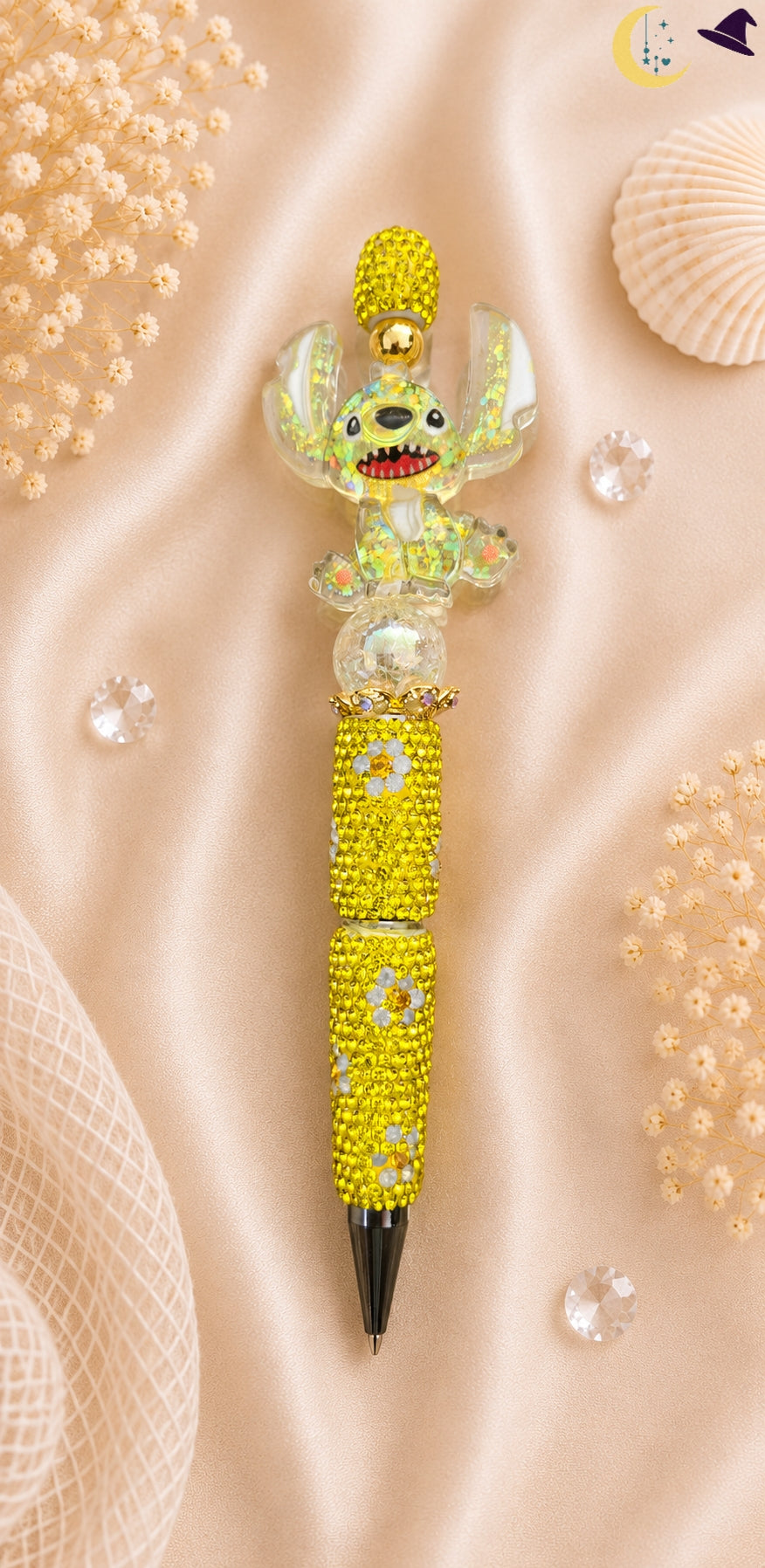 Stylo Stitch jaune scintillant – énergie solaire et fantaisie pétillante